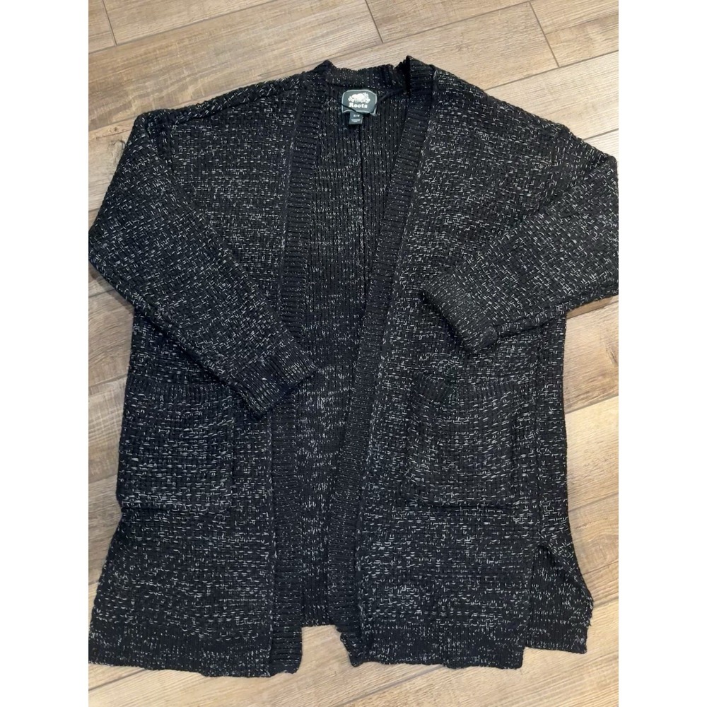 Roots Womens Black White Marled Knit Open Front Cardigan Sweater Pockets Size M